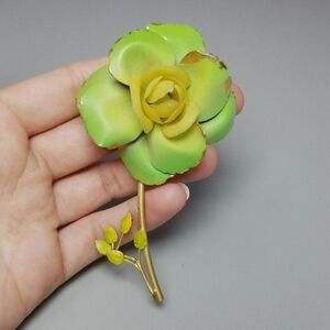 Vintage Green and Yellow Enamel Long Stem Flower Brooch, Gold Tone lapel Pin